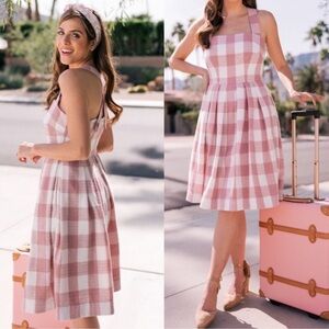 Gal Meets Glam Nikki Gingham Pink Dress Size 12 Linen Blend